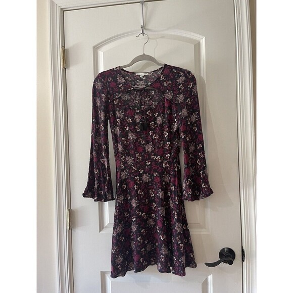 American Eagle Size XS Burgundy Floral Print Bell Sleeve Boho Dress - Picture 3 of 11